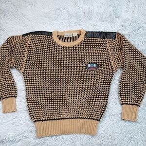 Vintage Apparatus Sweater Womens L Biege Faux Leather Patch Aviator Semi Sheer